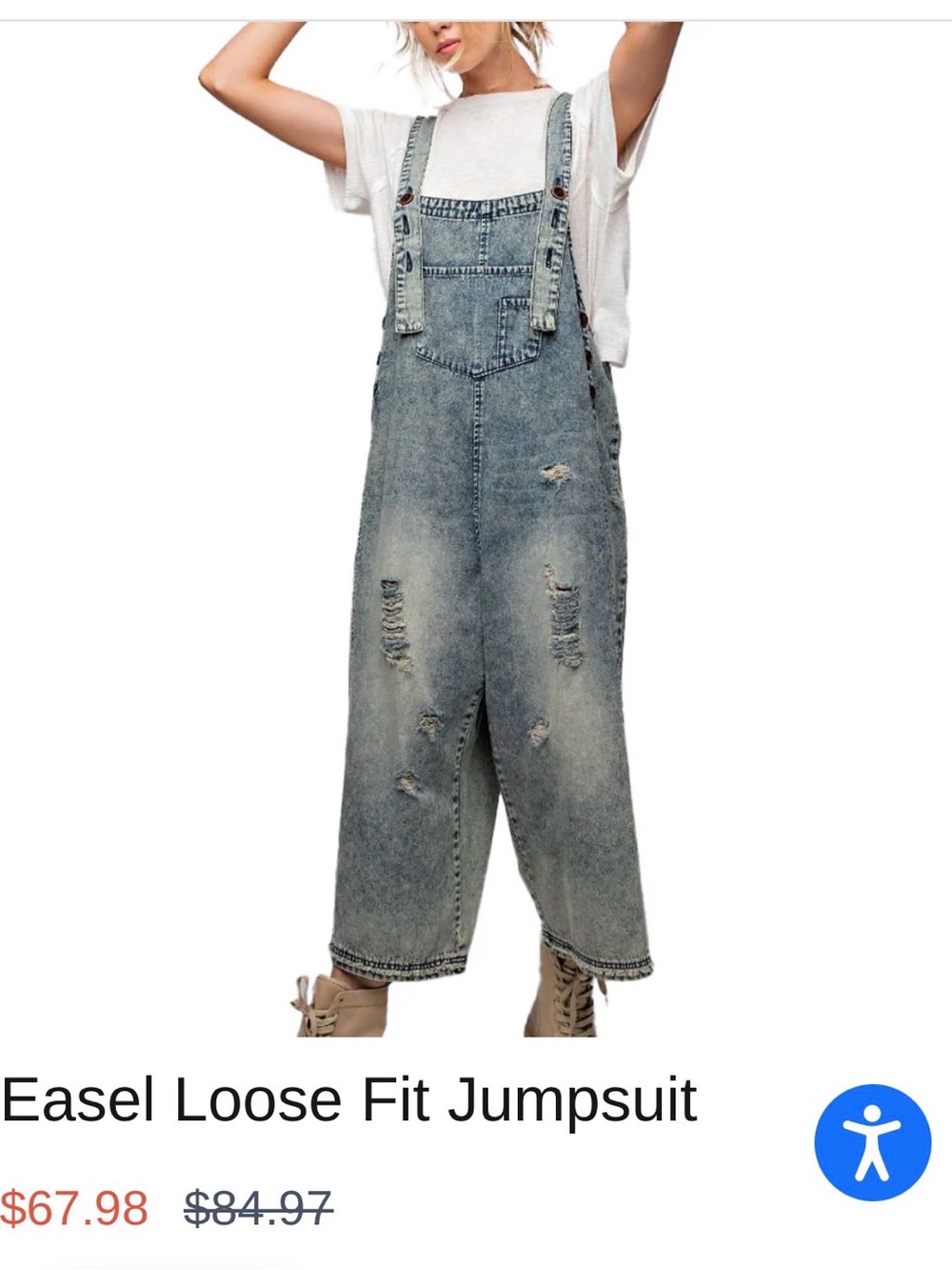 Easel Light Blue Distressed Denim Overalls